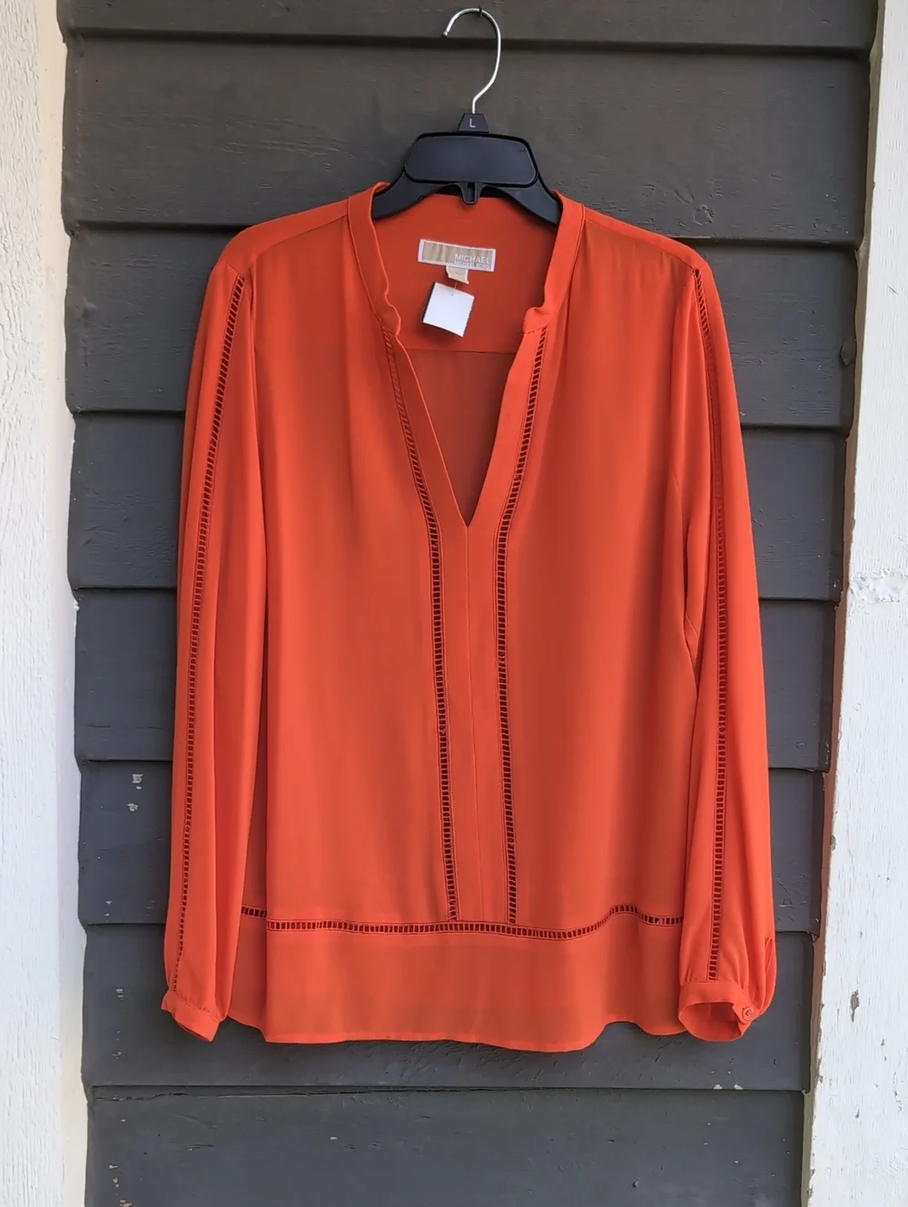 Michael Kors Classic Orange V-Neck Long Sleeve Blouse Size Large